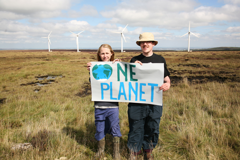 From the Ovenden Moor Wind Farm, Young Friends of the Earth “Push Europe” to commit to the <br /> reductions in CO2 that scientists say are needed to keep our planet safe from dangerous climate change.<br />UNITED KINGDOM, Yorkshire, Ogden Moor | 2011